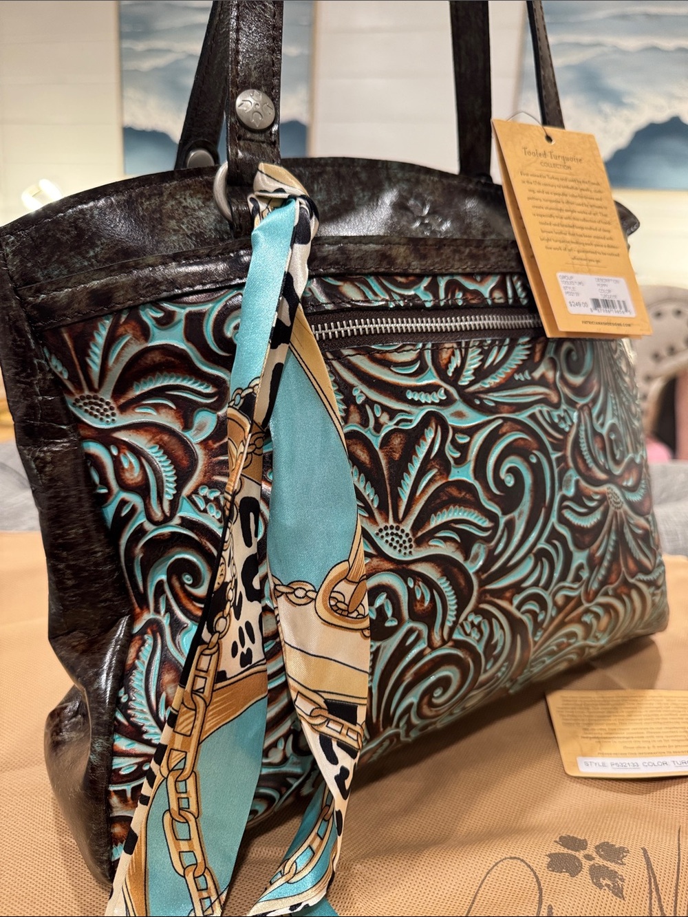 Patricia Nash Bag Tooled Turquoise Brown Leather Floral Embossed Tote NWT - Picture 3 of 17